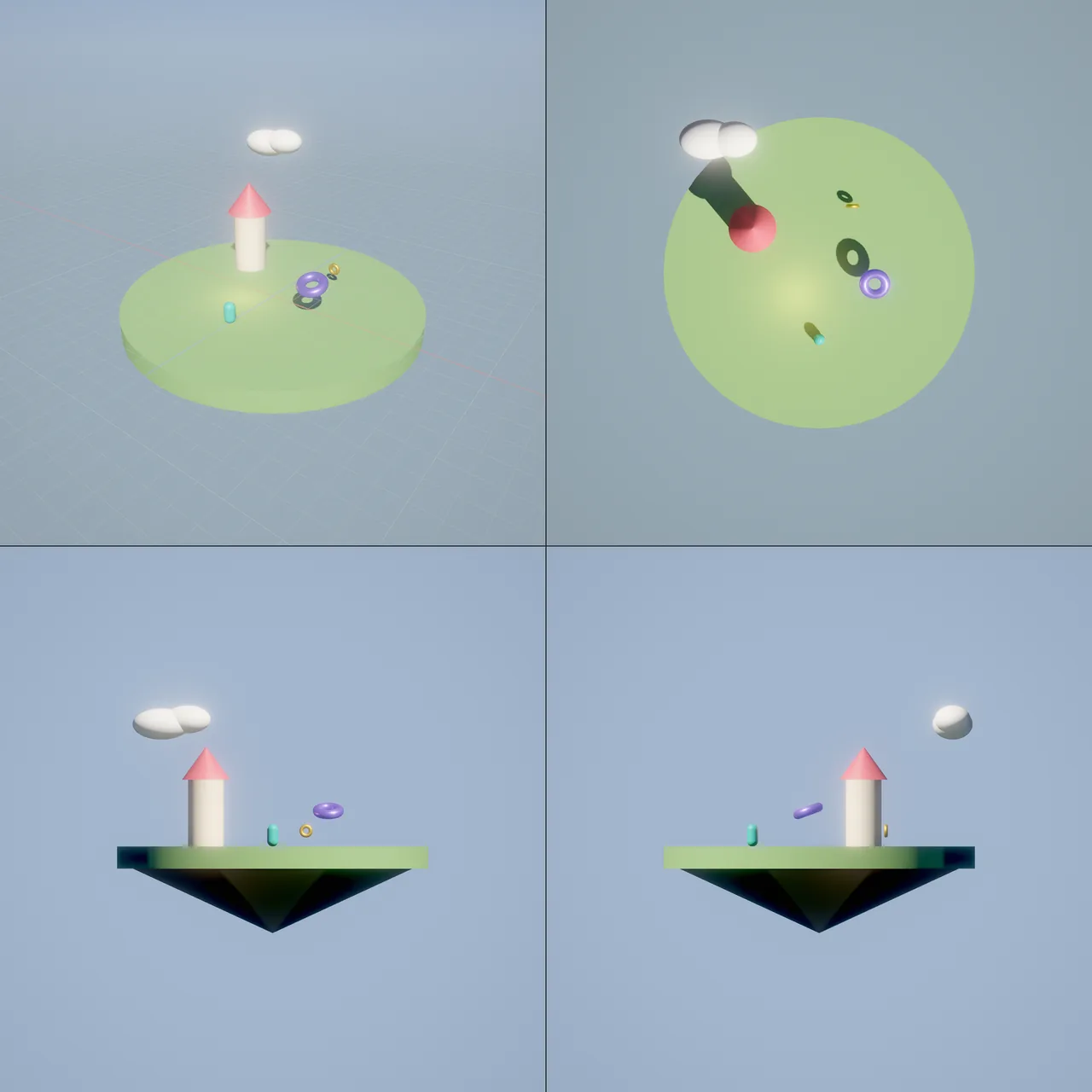 Four views of the hello_sky scene