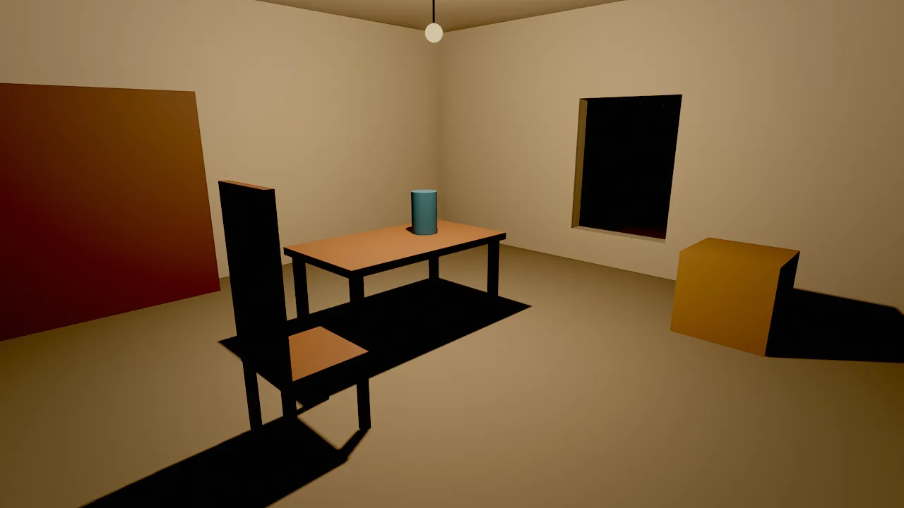 A room lit by one hanging bulb, with sharp shadows under the table and chair