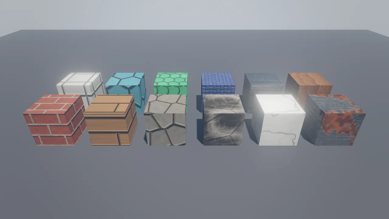 Twelve cubes with generated textures