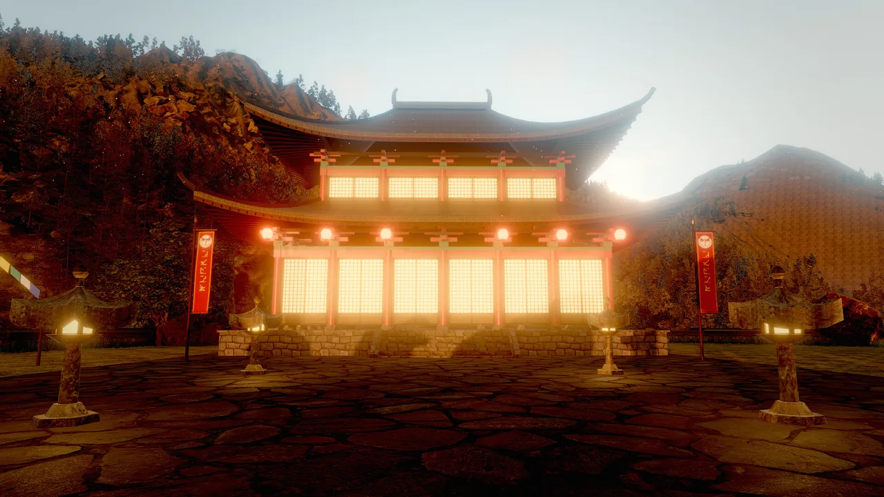 A temple courtyard at dusk in the ashen_peaks example