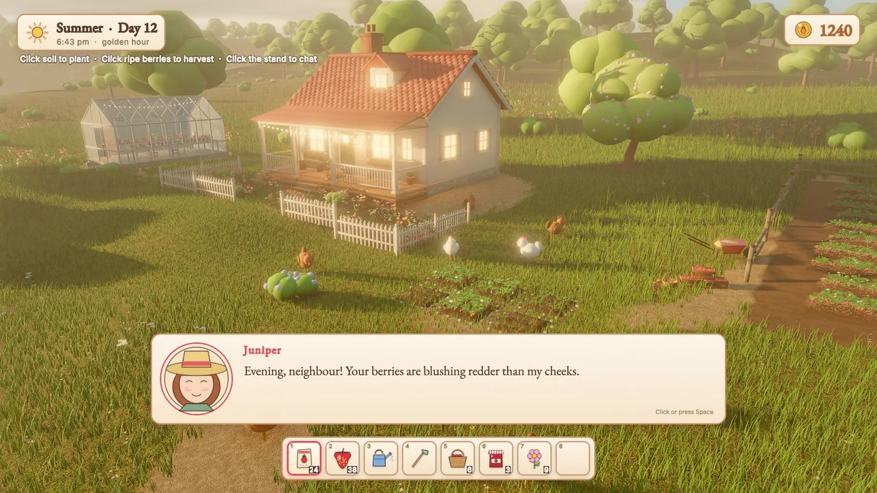A farm at golden hour with a dialogue box, a day and time panel, coins and a hotbar