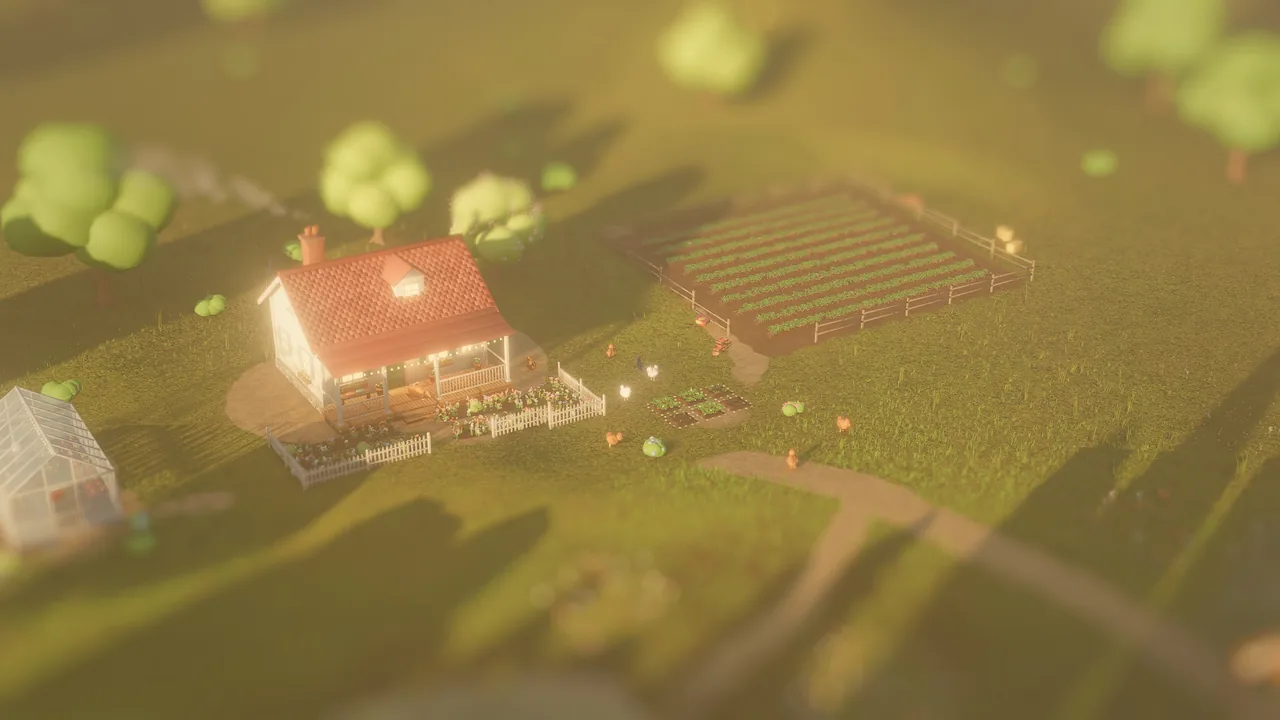A farm seen from above with a tilt-shift lens