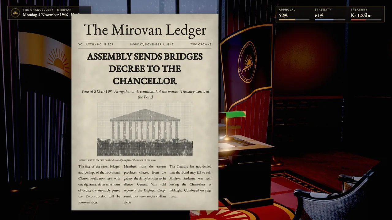A newspaper document over a dim office with a HUD