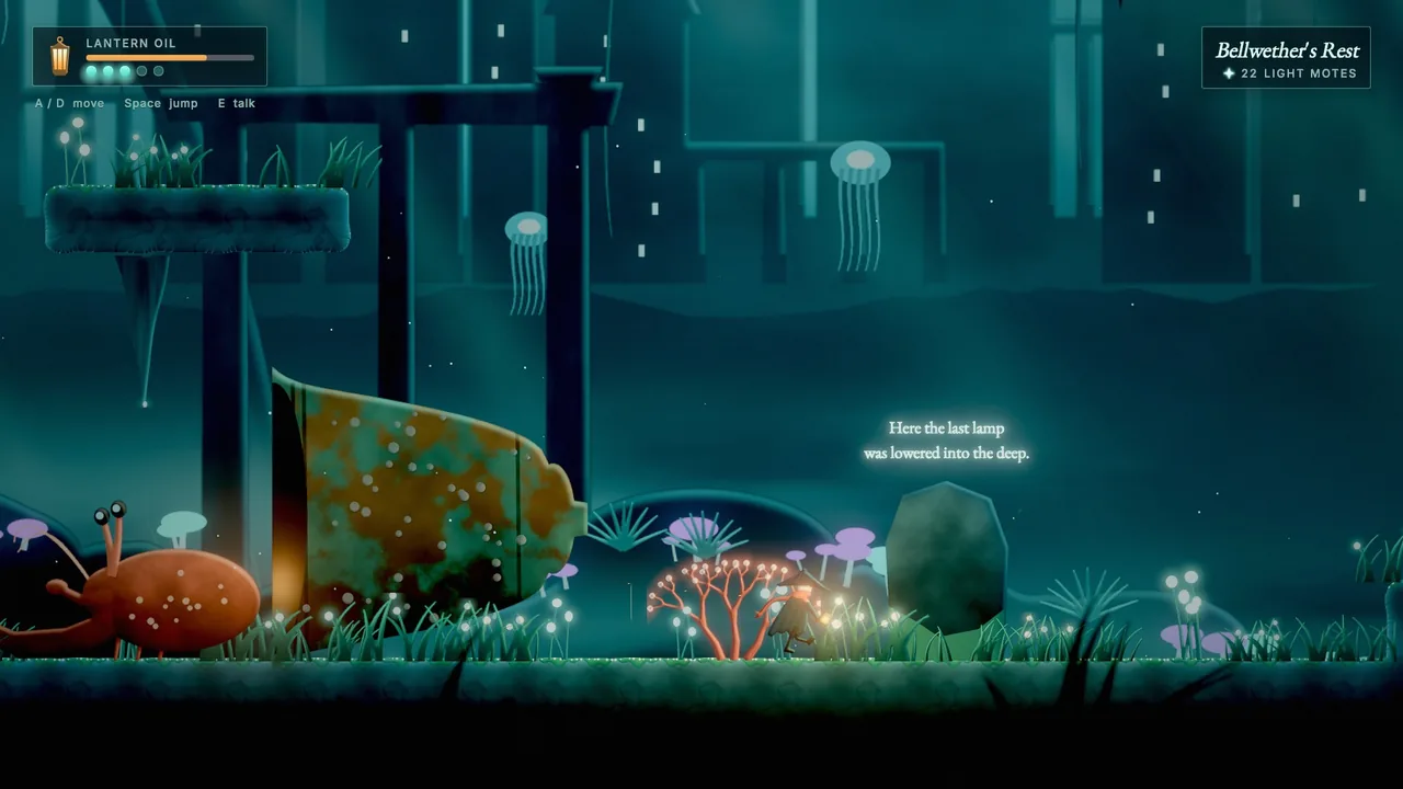 A 2D underwater ruin with a lantern-bearing character, glowing plants and a HUD