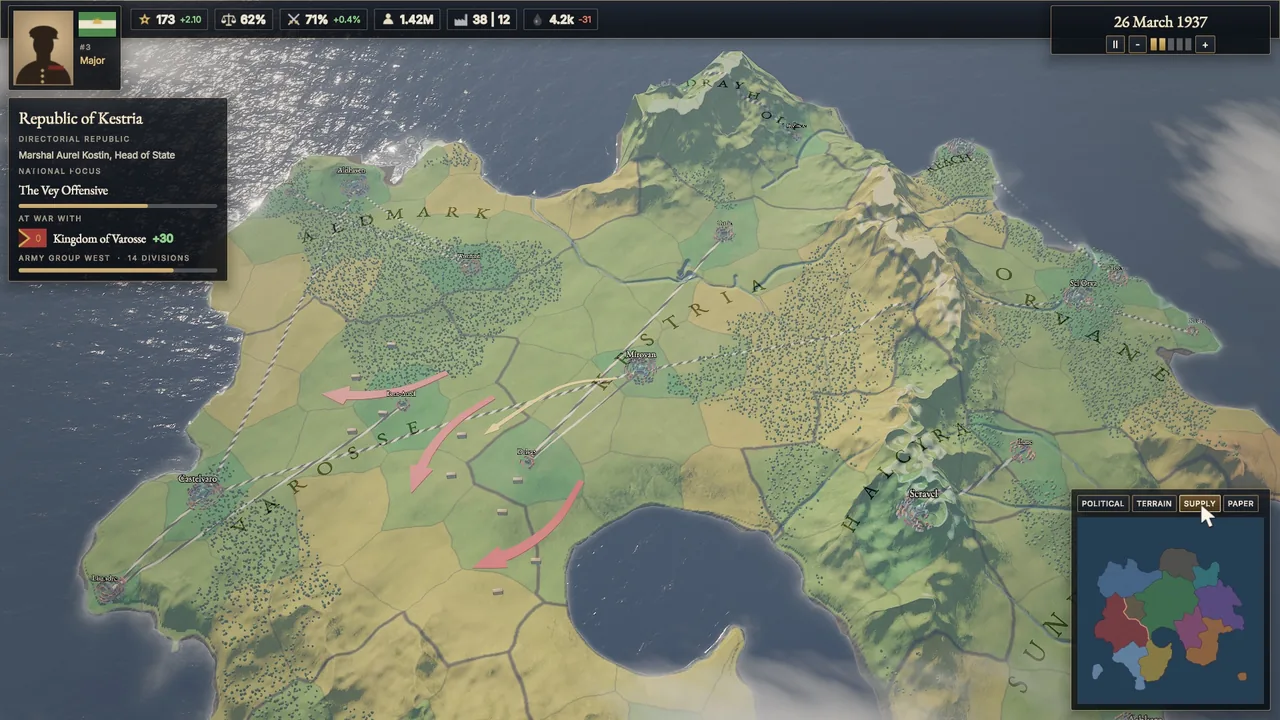 A strategy map with a political overlay, unit arrows and a map-mode panel