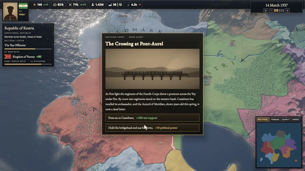 A news event panel over a strategy map