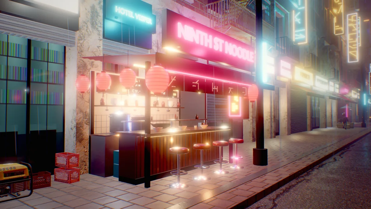 A neon-lit noodle stall at night