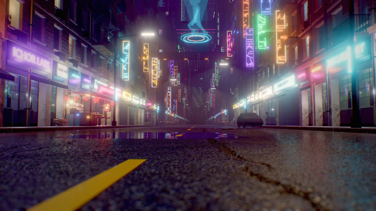 Neon street with a puddle reflection