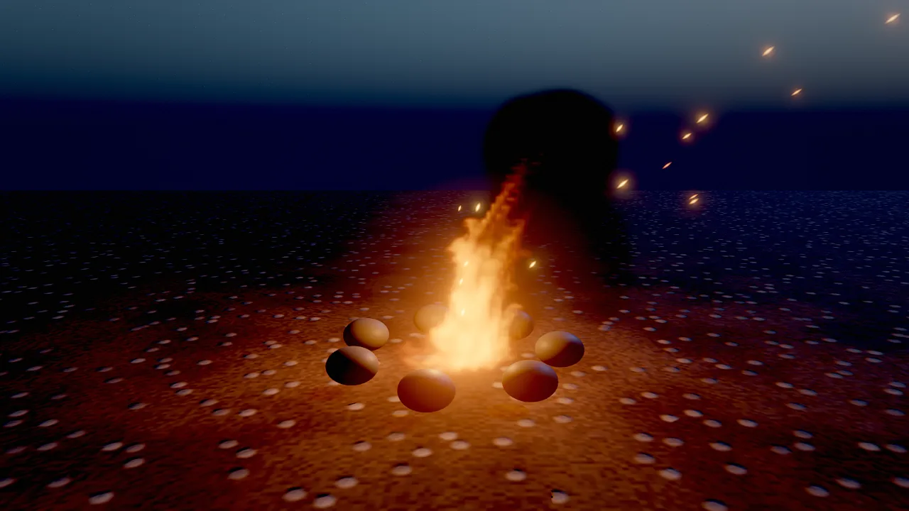 A campfire at night with embers rising