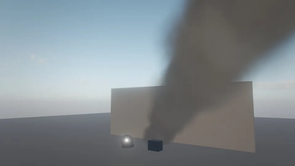 A dark smoke column rising past a wall