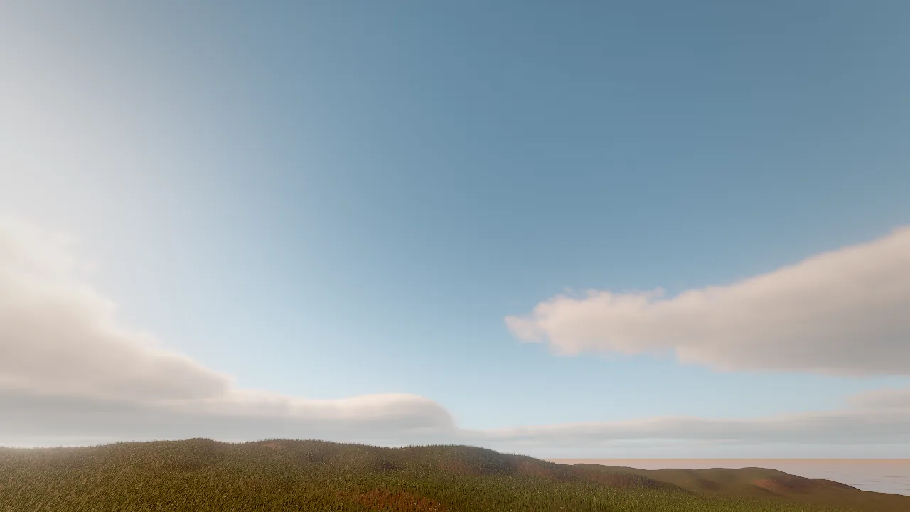 Volumetric clouds over a grassy hill